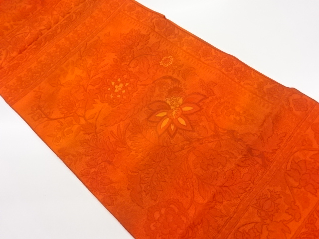 ふくれ織横段に花唐草模様織出し名古屋帯